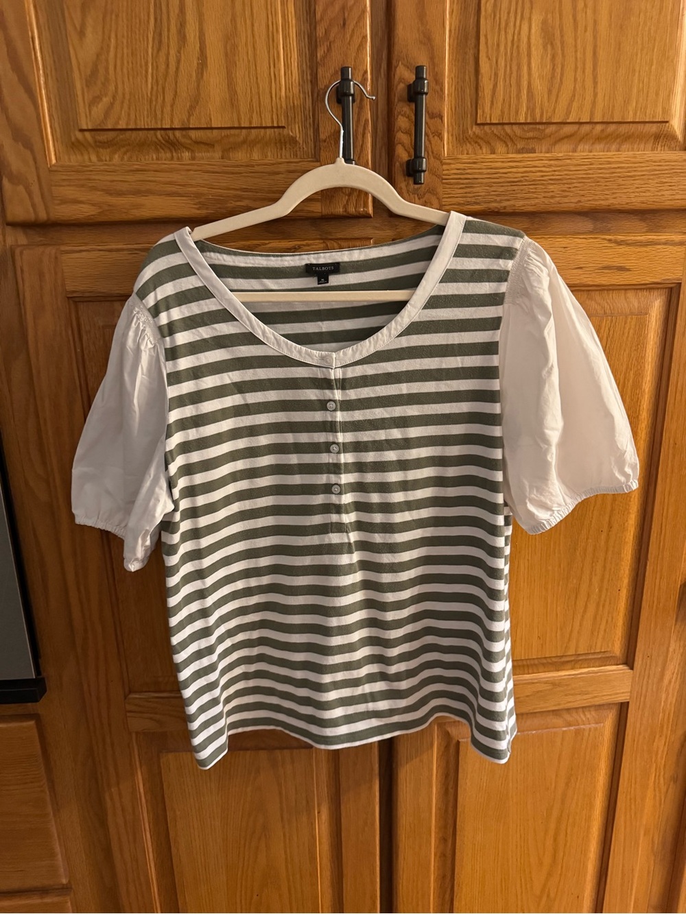 Talbots Olive and White Striped Short Sleeve Top with Puff Sleeves